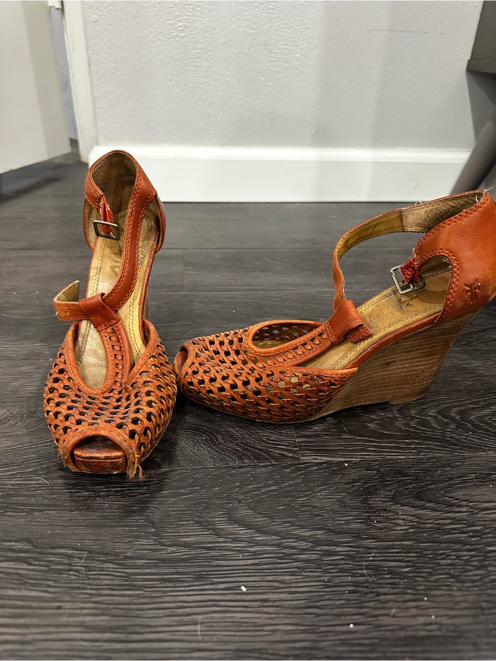 Frye Orange Woven Peep-Toe Wedge Sandals